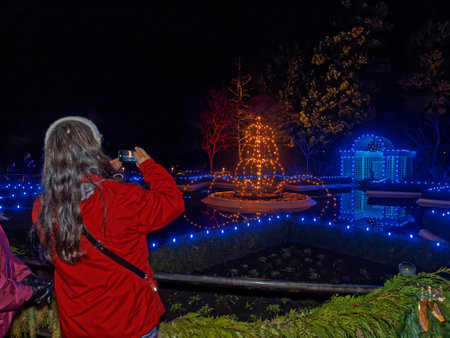 Victoria BC, Canada - December 5 2019. Festive Christmas illumination in snow-covered The Butchart Gardensのeditorial素材