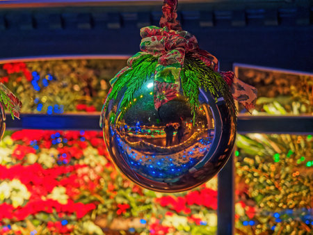 Victoria BC, Canada - December 5 2019. Festive Christmas illumination in snow-covered The Butchart Gardensのeditorial素材