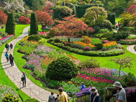 Victoria BC, Canada - April 18, 2019. Spring blooms in Sunken Garden of The Butchart Gardensのeditorial素材