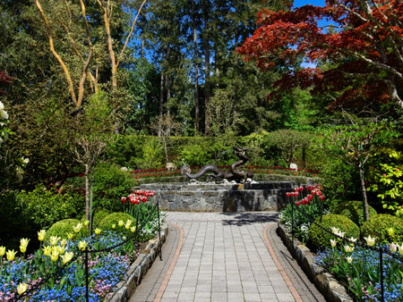 Victoria, British Columbia, Canada - May 1, 2020. Dragon fountain in The Butchart Gardens, springtimeのeditorial素材
