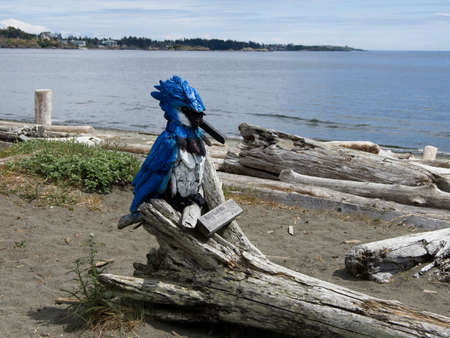 Victoria BC, Canada - May 12, 2021. Driftwood sculptures along the beach of Esquimalt lagoonのeditorial素材