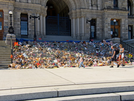 Victoria BC, Canada - July 27 2021. Memorial honoring victims of residential schools at the Legislative Building stepsのeditorial素材