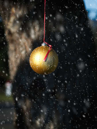 Golden sphere on the red strip decorates the tree outside during Christmas season, snowfall