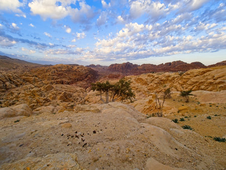 Sandstone cliffs in the Jordanian dessert during sunriseの写真素材