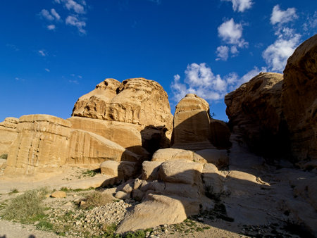 Scenic road toward entrance to ancient city Petra, Jordan, one of seven Wonders of the Worldの写真素材