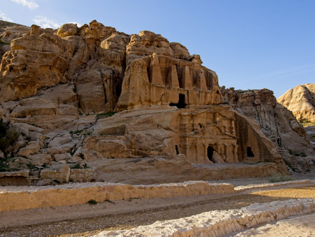 Scenic road toward entrance to ancient city Petra, Jordan, one of seven Wonders of the Worldの写真素材