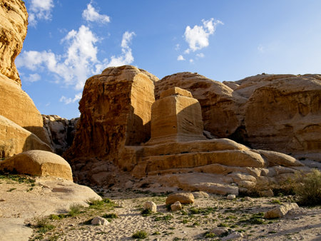 Scenic road toward entrance to ancient city Petra, Jordan, one of seven Wonders of the Worldの写真素材