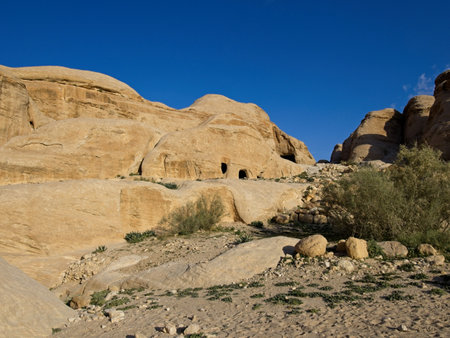 Scenic road toward entrance to ancient city Petra, Jordan, one of seven Wonders of the Worldの写真素材