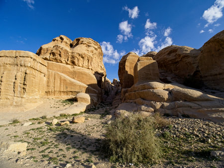 Scenic road toward entrance to ancient city Petra, Jordan, one of seven Wonders of the Worldの写真素材