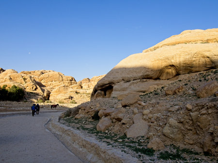 Scenic road toward entrance to ancient city Petra, Jordan, one of seven Wonders of the Worldの写真素材