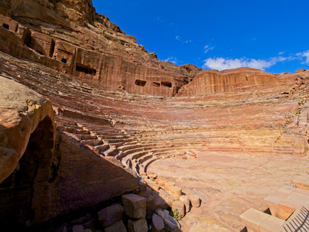 Theater, a first century AD Nabataean structure in ancient city Petra, Jordan, one of seven Wonders of the Worldの写真素材