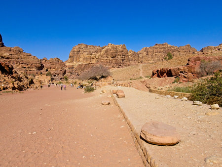 Colonnaded Street of Facades in ancient city Petra, Jordan, one of seven Wonders of the Worldの写真素材