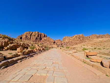 Colonnaded Street of Facades in ancient city Petra, Jordan, one of seven Wonders of the Worldの写真素材