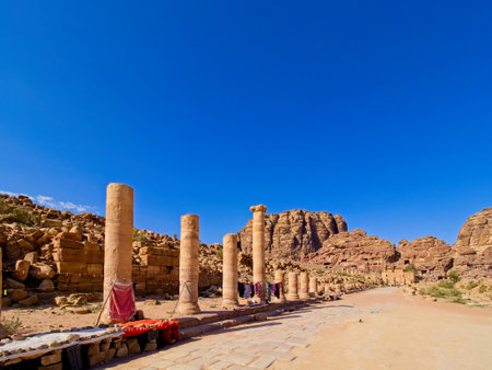 Colonnaded Street of Facades in ancient city Petra, Jordan, one of seven Wonders of the Worldの写真素材