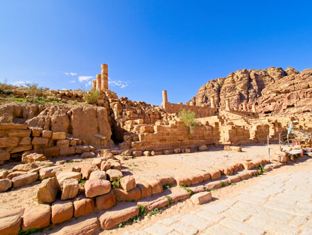 Colonnaded Street of Facades in ancient city Petra, Jordan, one of seven Wonders of the Worldの写真素材