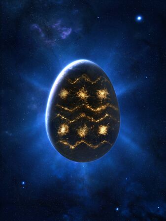 Egg-shaped realistic planet with typical Easter drawing made from city lightsの写真素材