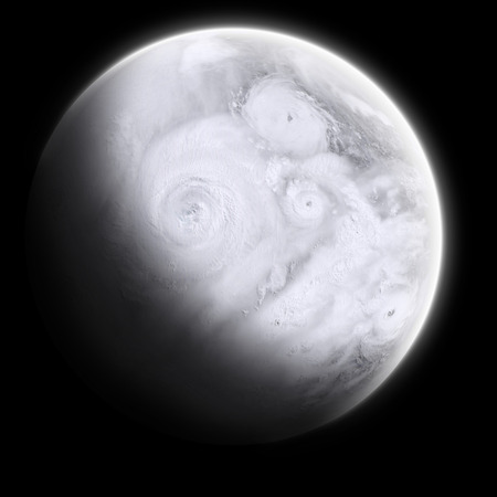 Orbital view on an extraterrestrial Earth-like planet with lots of typhoons and stormsの写真素材