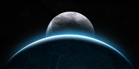 Orbital view on an extraterrestrial Earth-like planet with atmosphere and a moon-like planet rising...