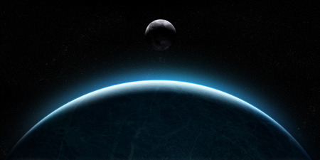 Orbital view on an extraterrestrial Earth-like planet with atmosphere and a moon-like planet rising behind itの写真素材