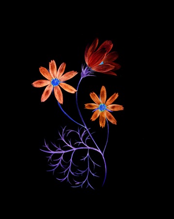 Neon watercolor painting of a cosmos flower branch with three flowersの写真素材