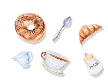 Watercolor illustration of a bakery with a spoon, cup of tea, sugar and milkの写真素材