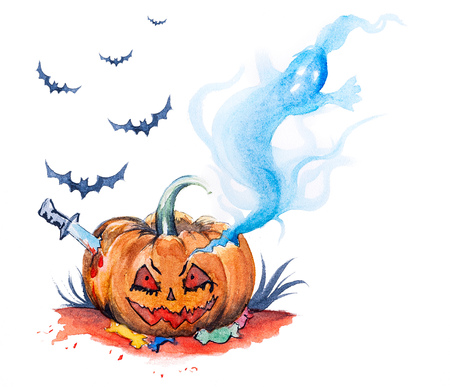 Watercolor halloween evil smiling pumpkin with a ghost and batsの写真素材
