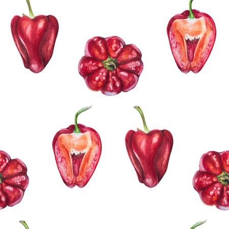 Watercolor seamless repeatable pattern of red bell peppersの写真素材