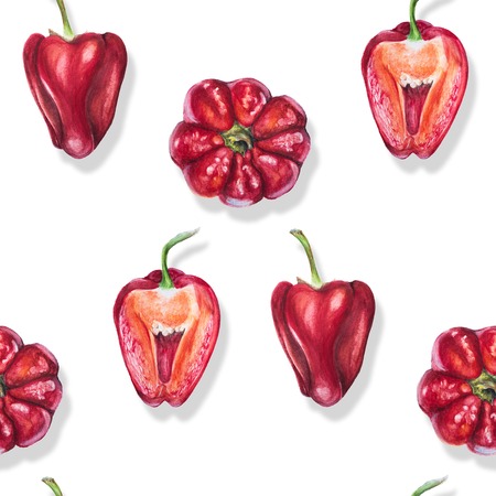 Watercolor seamless repeatable pattern of red bell peppersの写真素材