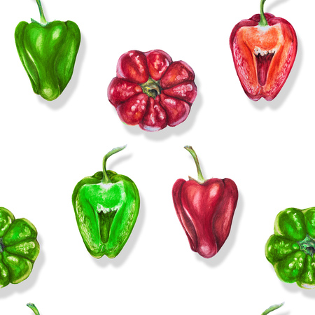 Watercolor seamless repeatable pattern of red and green bell peppersの写真素材