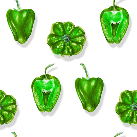 Watercolor seamless repeatable pattern of green bell peppersの写真素材