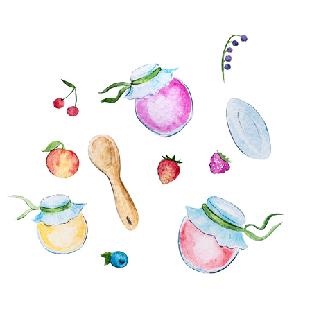 Isolated watercolor berries and jars of jamの写真素材