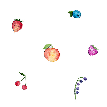 Isolated watercolor set of cherries, peach and berriesの写真素材