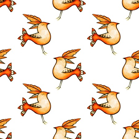 Pencil doodle drawing of a small hen or any fantasy bird with feathers on its head. Repeatable, seamless, tileable patternの写真素材