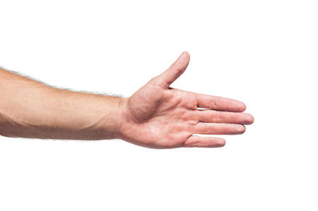 Strong white caucasian male with open palm ready to shake hands or offer help. Isolated on whiteの写真素材