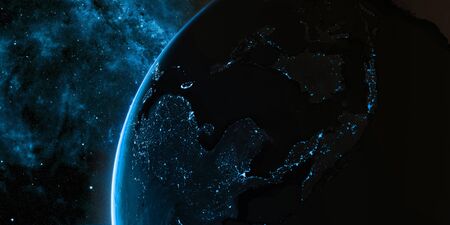 Sunrise in space. View on the night Earth with city lights glowing on the dark side. Blue and cyan color scheme. Asia region. Elements of this image furnished by NASA. 3d illustrationの写真素材