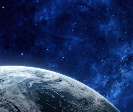 Sunrise in space. Orbital view on a planet covered in clouds from space. Planet is covered in...