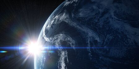 Sunrise in space with prominent sun flare and sun streaks. Orbital view on a planet covered in clouds from space. Planet is covered in clouds. Elements of this image furnished by NASA. 3d illustrationの写真素材
