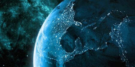 View on the night Earth with city lights. North America, Caribbean and South America region. Blue and cyan color scheme. Elements of this image furnished by NASA. 3d illustrationの写真素材