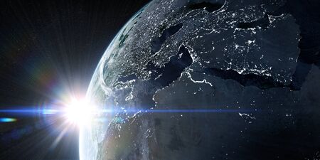 View on the night Earth with city lights on the dark side. Europe, North Africa and Middle East region. Elements of this image furnished by NASA. 3d illustrationの写真素材