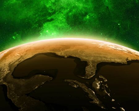 Earth at night as seen from space with blue, glowing atmosphere and space at the top. Perfect for illustrations. Elements of this image furnished by NASA. 3d illustrationの写真素材