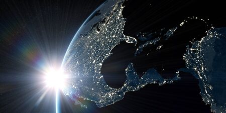View on the night Earth with city lights glowing on the dark side. North America, Caribbean and South America region. Elements of this image furnished by NASA. 3d illustrationの写真素材