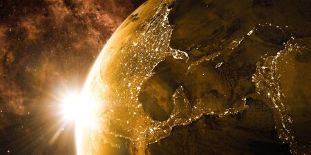 View on the night Earth with city lights on the dark side. North America, Caribbean and South...