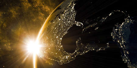 View on the night Earth with city lights on the dark side. Golden and yellow color scheme. North America, Caribbean and South America region. Elements of this image furnished by NASA. 3d illustrationの写真素材