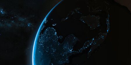 Sunrise in space. View on the night Earth with city lights glowing on the dark side. Blue and cyan color scheme. Asia region. Elements of this image furnished by NASA. 3d illustrationの写真素材