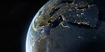 Sunrise in space. View on the night Earth with city lights glowing on the dark side. Europe, North Africa and Middle East region. Elements of this image furnished by NASA. 3d illustrationの写真素材