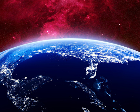 Earth at night as seen from space with blue, glowing atmosphere and space at the top. Perfect for illustrations. Elements of this image furnished by NASA. 3d illustrationの写真素材