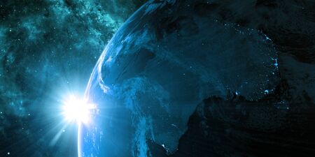 View on the night Earth with city lights. Blue and cyan color scheme. Australia and Oceania region. Elements of this image furnished by NASA. 3d illustrationの写真素材