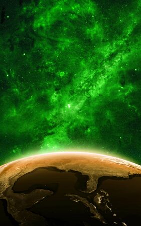 Earth at night as seen from space with blue, glowing atmosphere and space at the top. Perfect for illustrations. Elements of this image furnished by NASA. 3d illustrationの写真素材