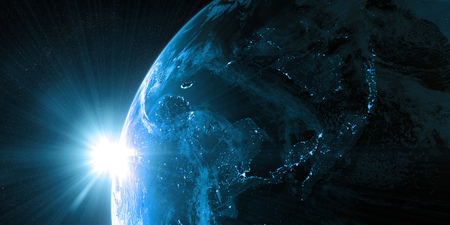 View on the night Earth with city lights. Asia region. Blue and cyan color scheme. Elements of this image furnished by NASA. 3d illustrationの写真素材