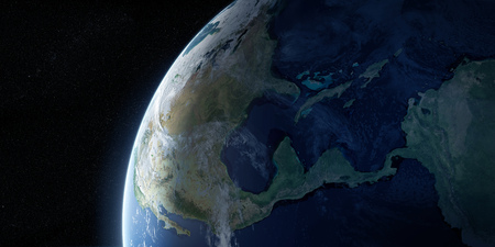 View on the night Earth with no city lights. Planet is covered in clouds. North America, Caribbean...